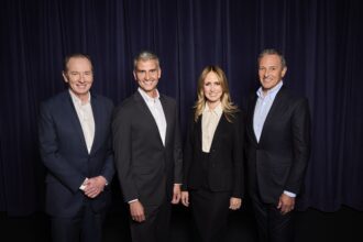 From left: James Gorman, Josh D'Amaro, Dana Walden, and Bob Iger at Disney CEO succession announcement. Courtesy of The Walt Disney Company.