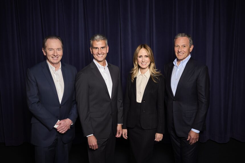 From left: James Gorman, Josh D'Amaro, Dana Walden, and Bob Iger at Disney CEO succession announcement. Courtesy of The Walt Disney Company.