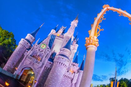 Cinderella Castle at Walt Disney World Magic Kingdom at blue hour, seen through an archway