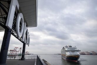 Disney Adventure cruise ship arrives in Tokyo with a drum ceremony at the pier
