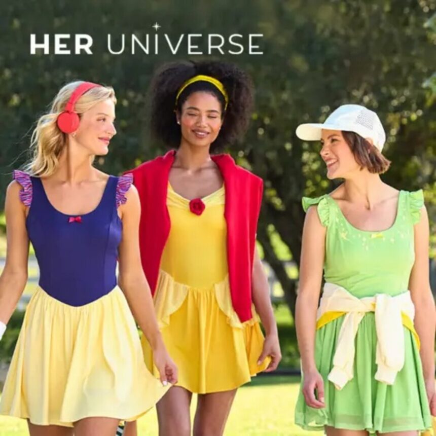 Disney Princess Athletic Dresses by Her Universe collection featuring five princess-inspired designs