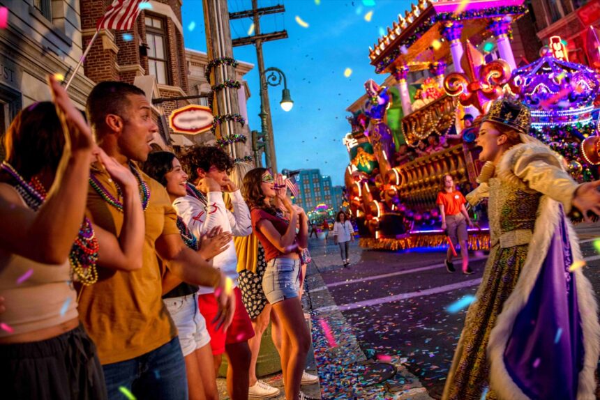 Mardi Gras celebrations at Universal Studios Florida with colorful floats and beads during Universal Mardi Gras International Flavors of Carnaval 2026