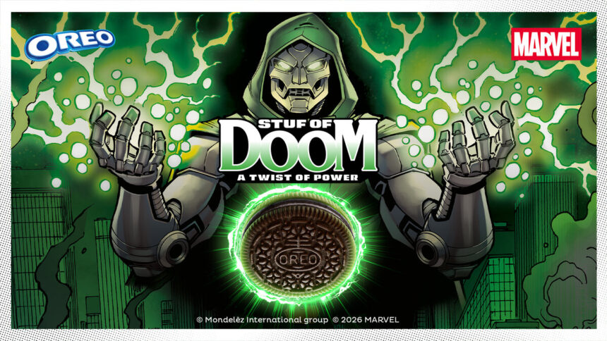 Marvel OREO Stuf of Doom cookies featuring Doctor Doom embossment and color-changing creme