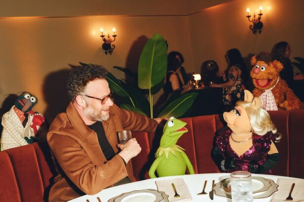 Seth Rogen with Kermit the Frog, Miss Piggy, Gonzo, and Fozzie Bear in The Muppet Show on Disney+