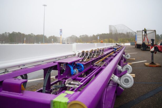 Purple roller coaster track pieces arriving at Six Flags Great Adventure for the new 2027 record-breaking coaster