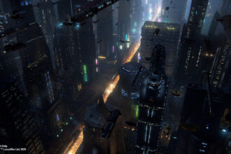 Concept art of the Millennium Falcon approaching Coruscant in the updated Smugglers Run experience at Star Wars Galaxy Edge