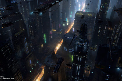 Concept art of the Millennium Falcon approaching Coruscant in the updated Smugglers Run experience at Star Wars Galaxy Edge