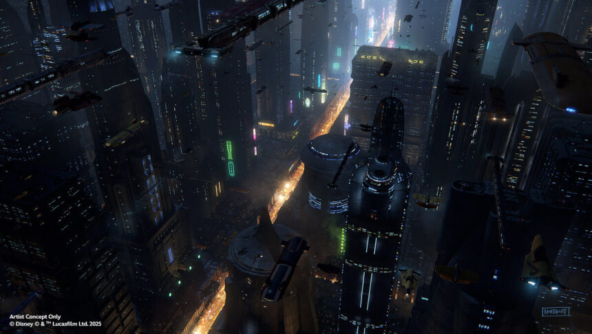 Concept art of the Millennium Falcon approaching Coruscant in the updated Smugglers Run experience at Star Wars Galaxy Edge