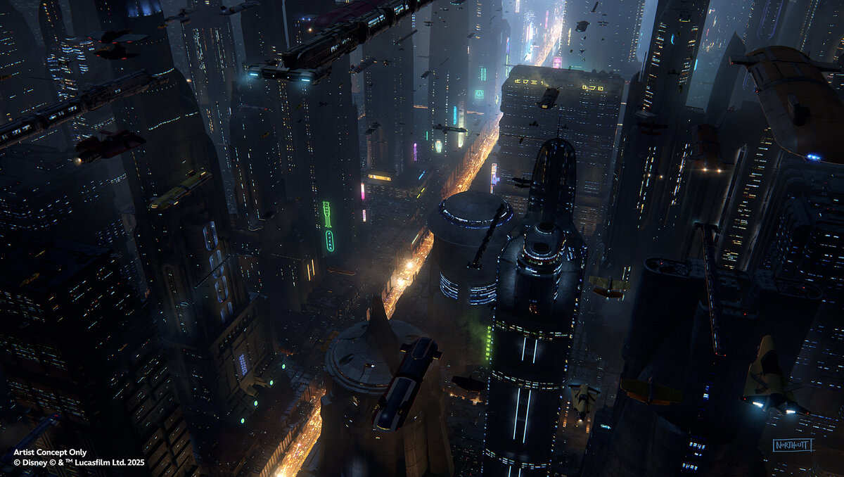 Concept art of the Millennium Falcon approaching Coruscant in the updated Smugglers Run experience at Star Wars Galaxy Edge