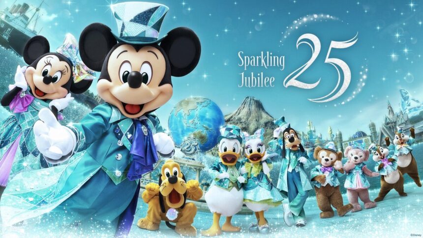 Tokyo DisneySea 25th Sparkling Jubilee celebration concept art featuring Mickey and Friends in Jubilee Blue attire