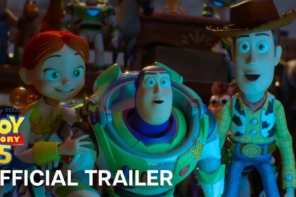 Toy Story 5 official trailer screenshot showing Woody and Buzz Lightyear
