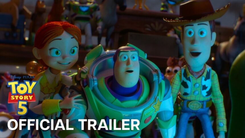 Toy Story 5 official trailer screenshot showing Woody and Buzz Lightyear