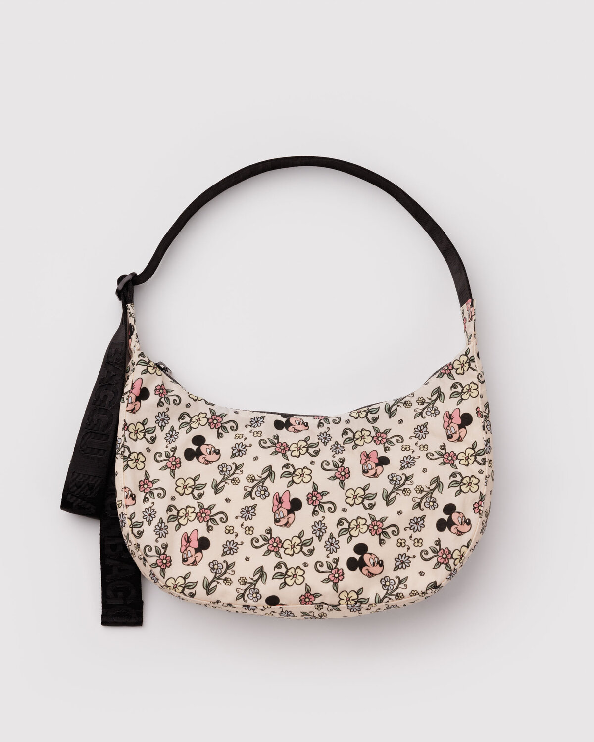 BAGGU Disney Medium Nylon Crescent Bag in Storybook Floral print with Mickey and Minnie
