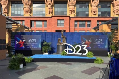 D23 2026 media event stage with Sorcerer Mickey banners and D23 logo
