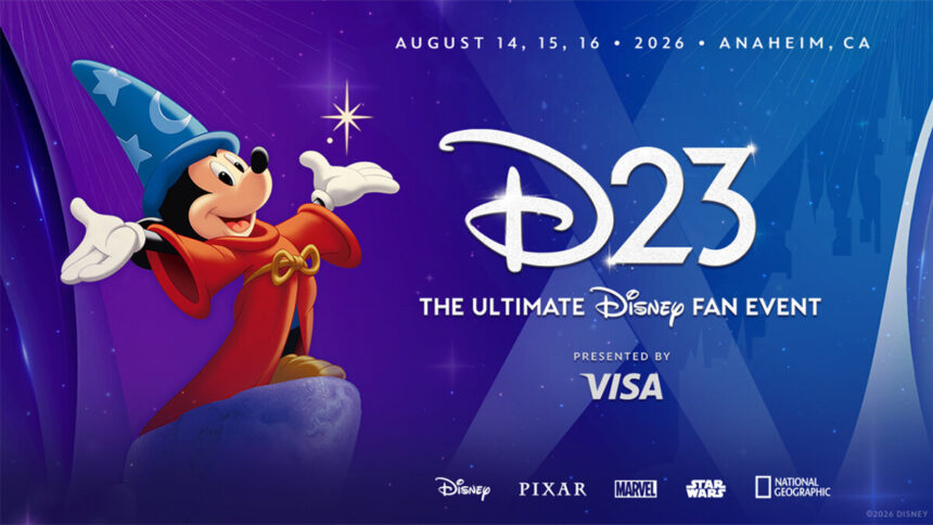 D23: The Ultimate Disney Fan Event 2026 promo art featuring Sorcerer Mickey