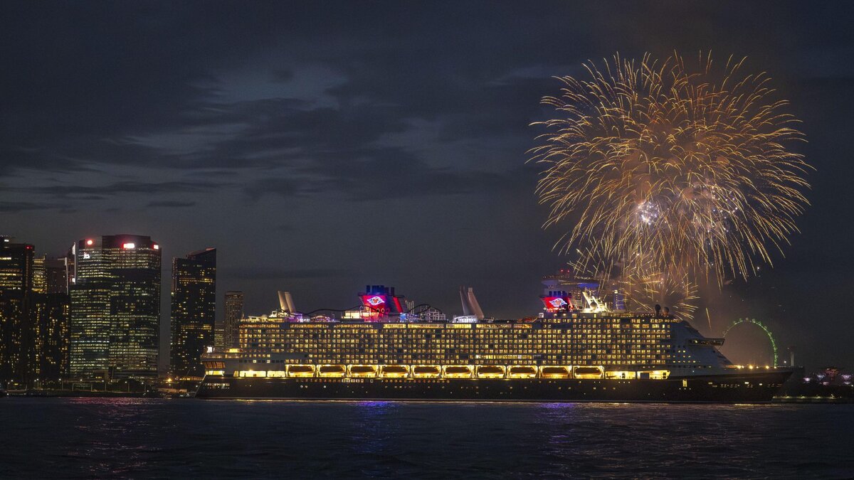 Disney Adventure fireworks and water salute at Singapore arrival ceremony