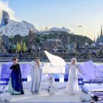 Disney Adventure World inauguration ceremony at Disneyland Paris with Anna, Elsa, Olaf, and performers in front of World of Frozen