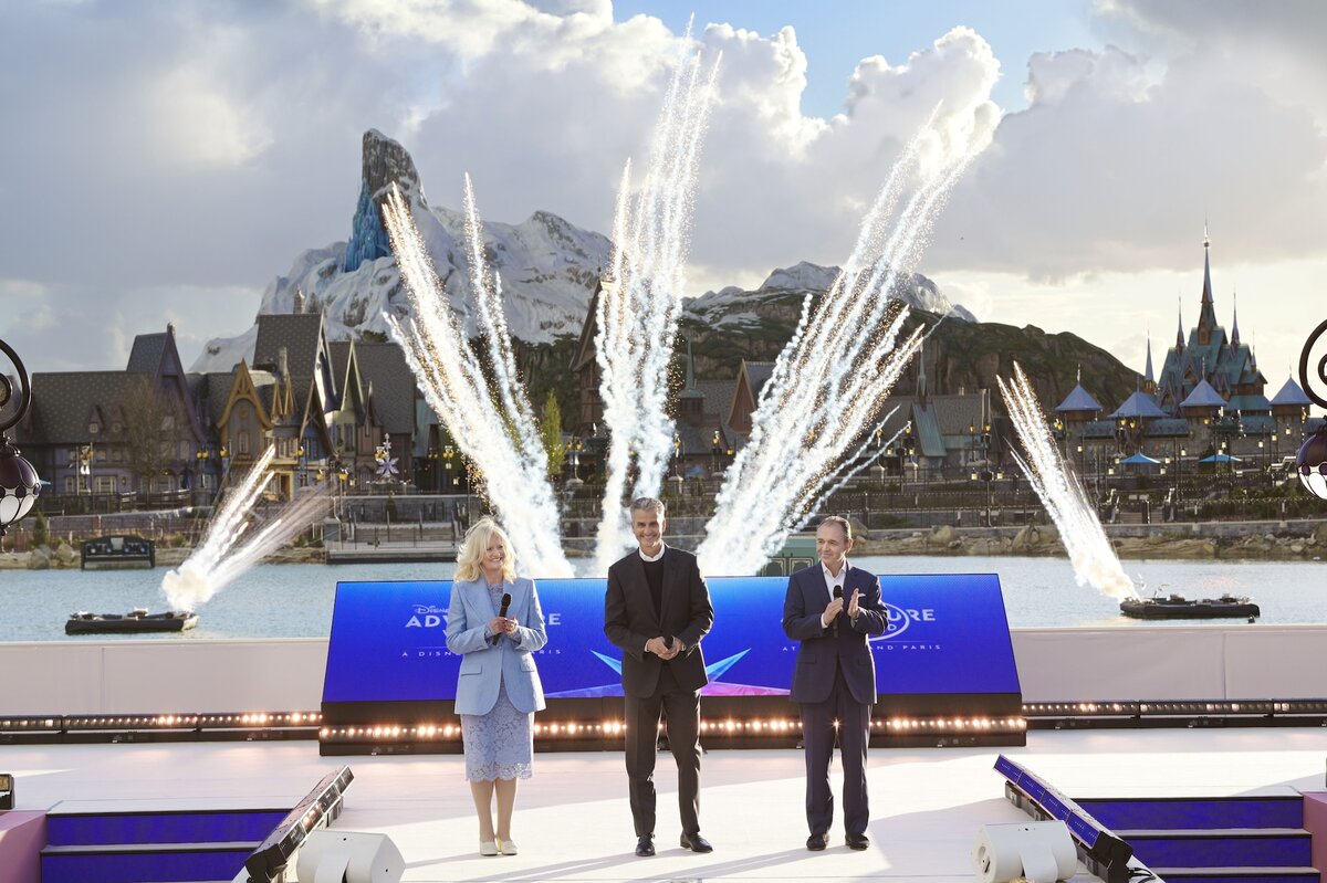 Josh D Amaro, Natacha Rafalski, and Thomas Mazloum at Disney Adventure World inauguration