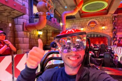 Theme Park Shark founder Dustin riding Mario Kart Bowsers Challenge on opening day at Super Nintendo World