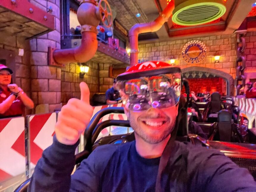 Theme Park Shark founder Dustin riding Mario Kart Bowsers Challenge on opening day at Super Nintendo World