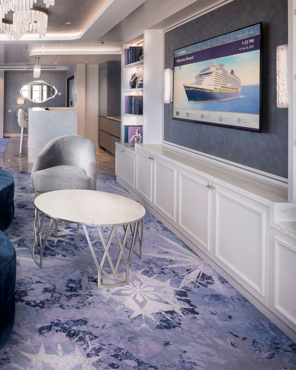 The Elsa Royal Suite living area on the Disney Adventure cruise ship