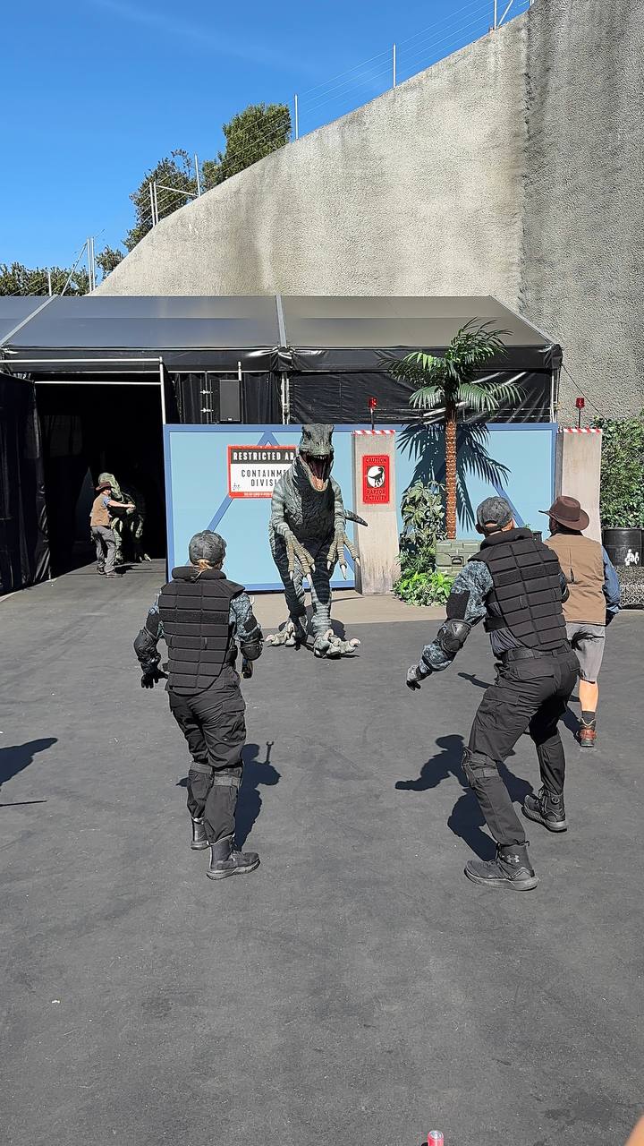 Velociraptor handlers at Journey Through the Eras Universal Studios Hollywood