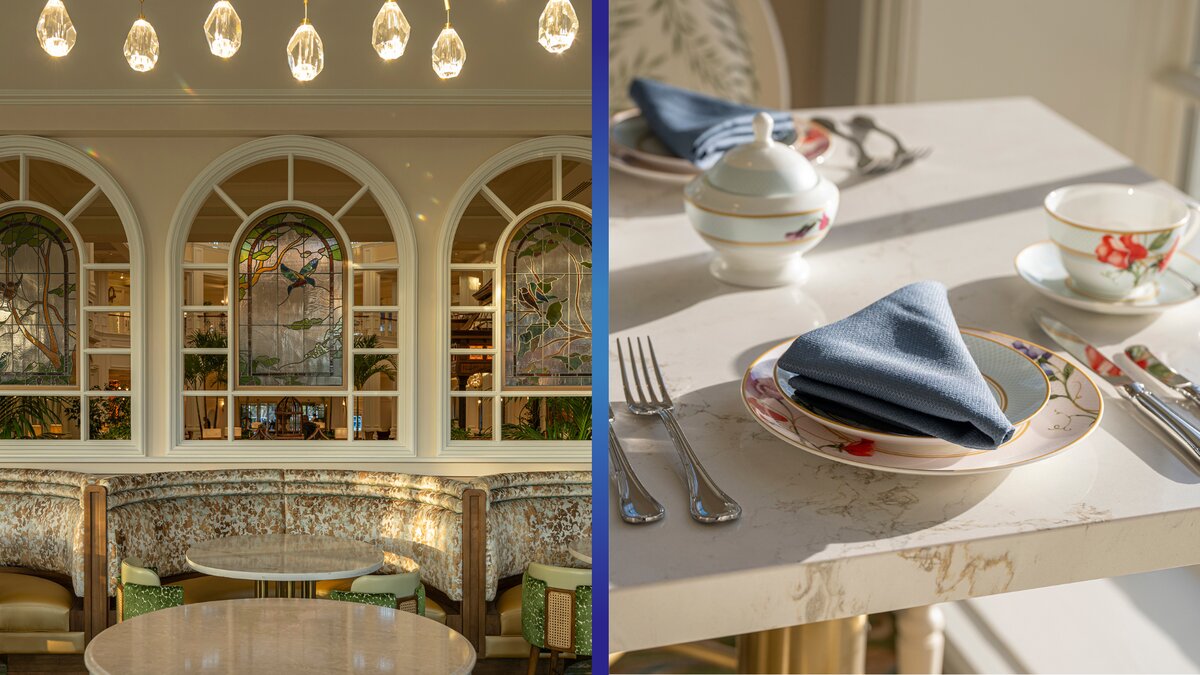 Overview of the Garden View Tea Lounge interior and tea service at Disneys Grand Floridian