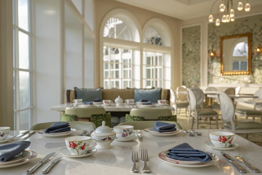 The reimagined Garden View Tea Lounge at Disneys Grand Floridian Resort featuring elegant table settings and Alice in Wonderland inspired decor