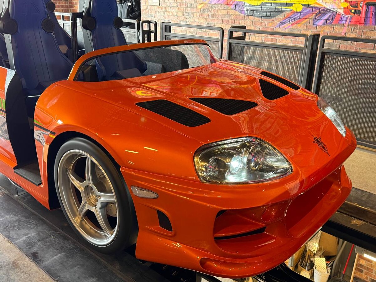 Brian's Toyota Supra ride vehicle inside Fast & Furious: Hollywood Drift station
