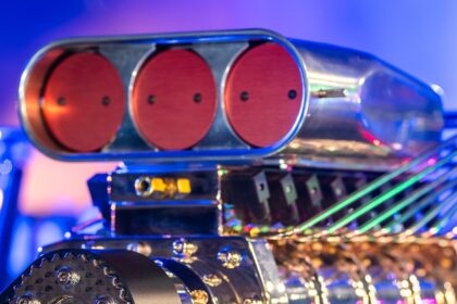 Close-up of a supercharged V8 engine on a Hollywood Drift ride vehicle at Universal Studios Hollywood