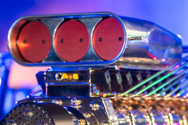 Close-up of a supercharged V8 engine on a Hollywood Drift ride vehicle at Universal Studios Hollywood