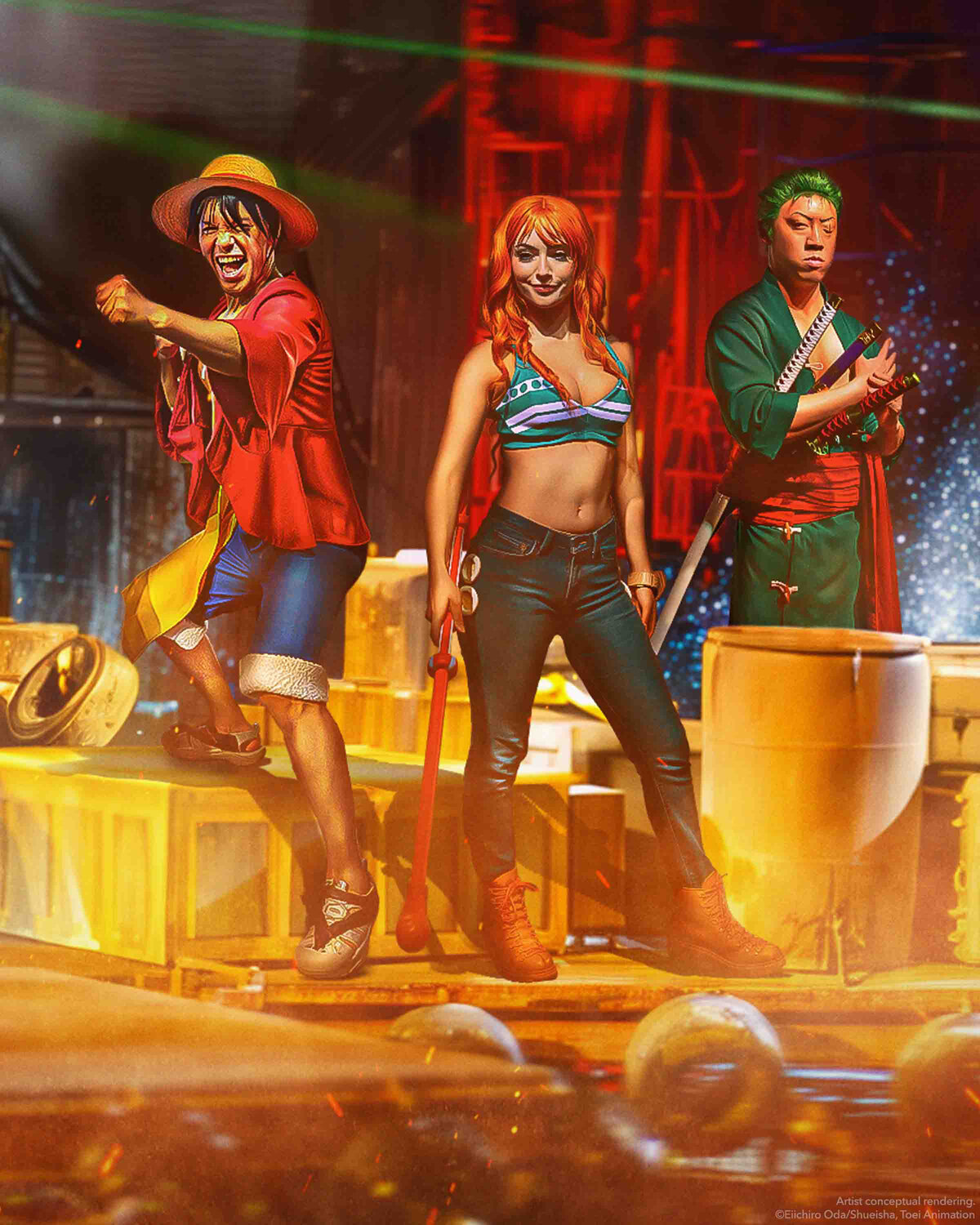 Luffy, Nami, and Zoro on stage at the ONE PIECE Grand Pirate Show