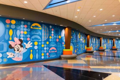 Reimagined lobby at Disneys Pop Century Resort with retro pop culture artwork