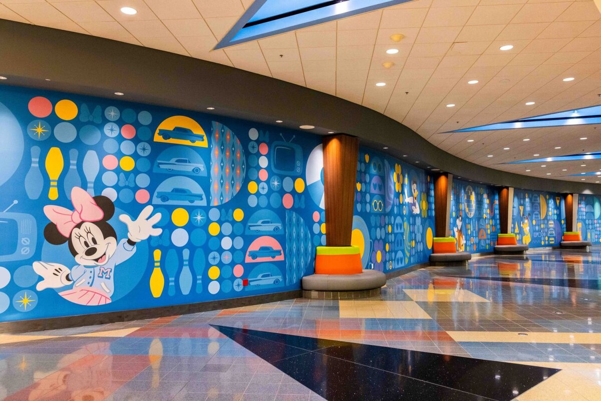 Reimagined lobby at Disneys Pop Century Resort with retro pop culture artwork