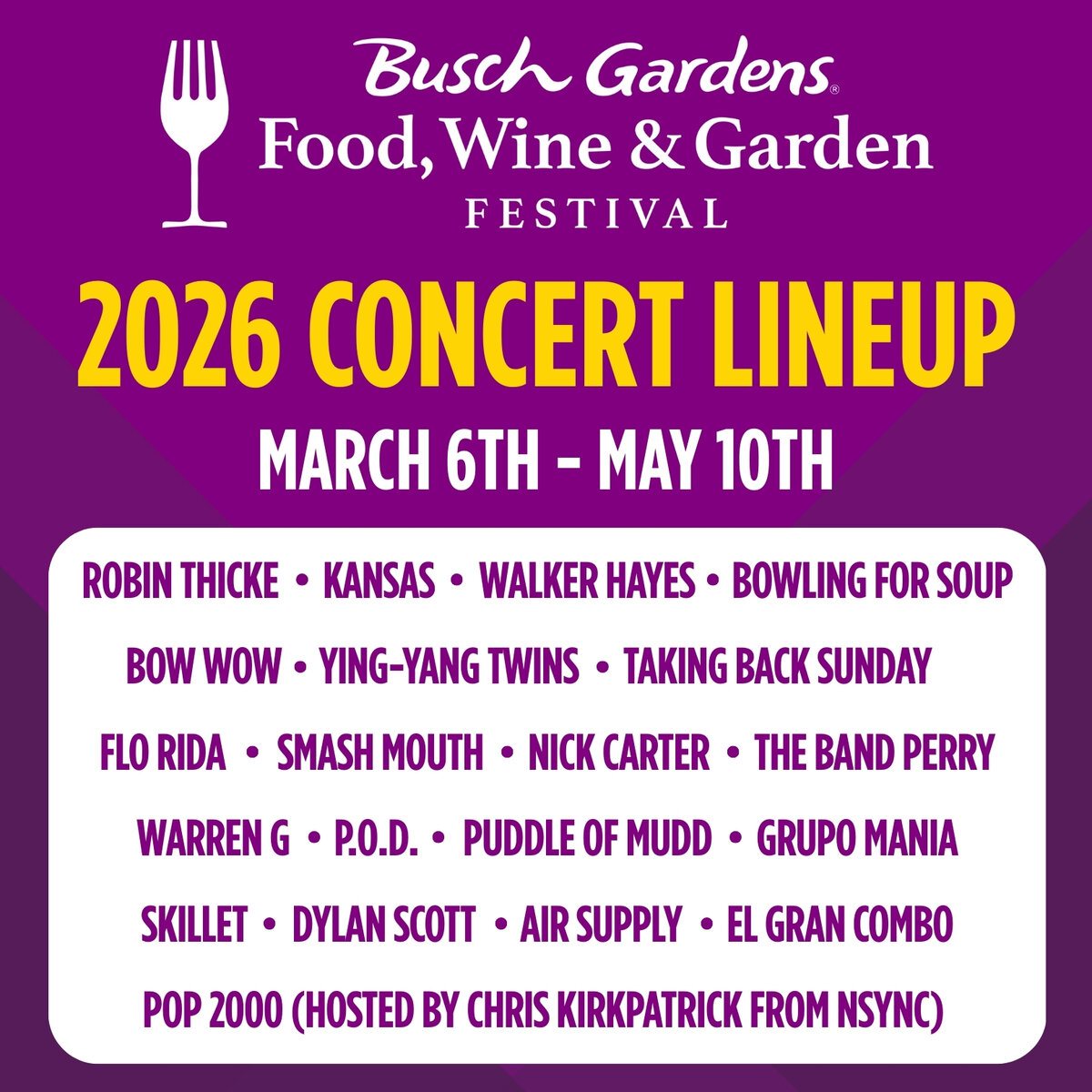 Food Wine and Garden Festival 2026 concert lineup at Busch Gardens Tampa Bay