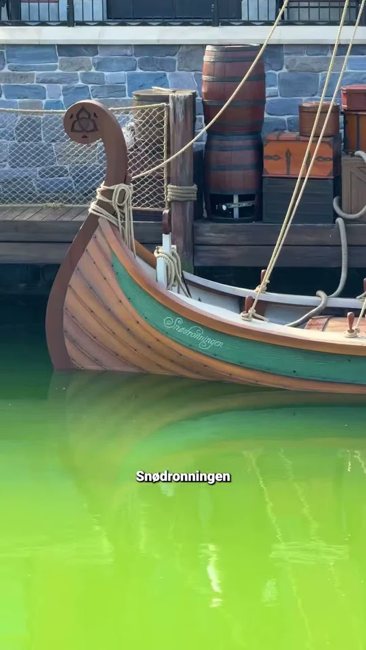 The Snodronningen Viking boat moored at the dock in World of Frozen at Disneyland Paris