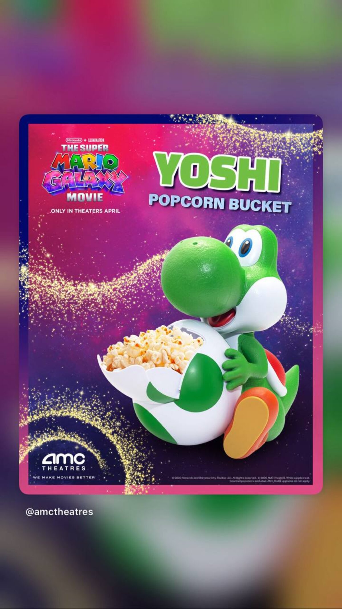 Yoshi popcorn bucket for The Super Mario Galaxy Movie at AMC Theatres