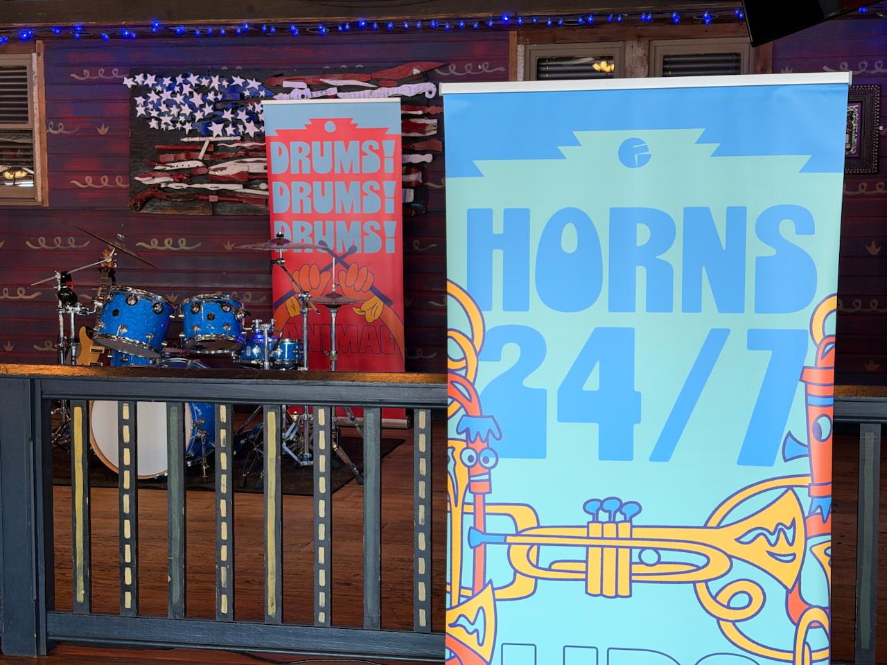 Horns 24 7 Electric Mayhem banner at Rock n Roller Coaster Starring The Muppets media preview