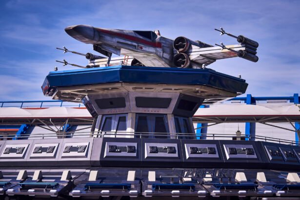 An X-wing above Starport at Disneyland Paris for Star Wars Day