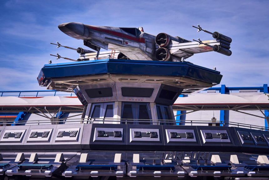 An X-wing above Starport at Disneyland Paris for Star Wars Day