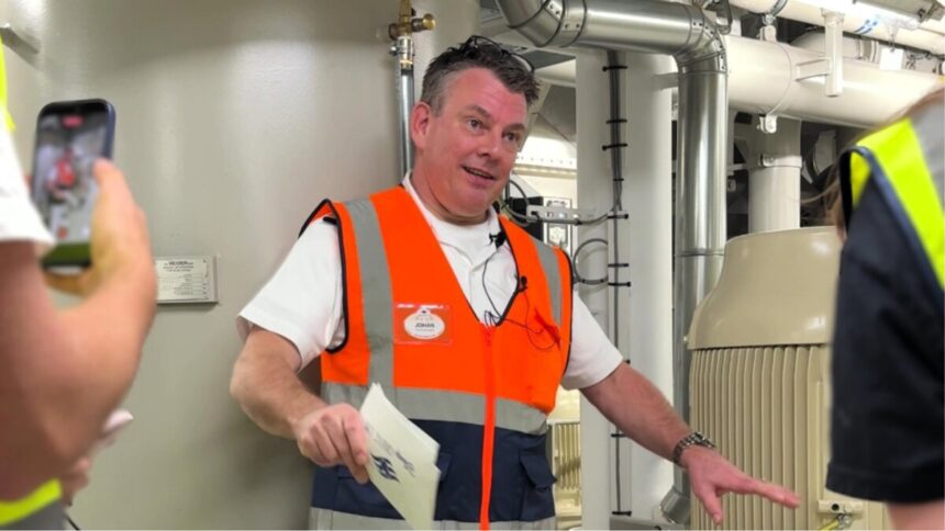 Disney Destiny chief engineer leads a below-deck tour in the ship's engine spaces. Photo courtesy of Disney Parks Blog.