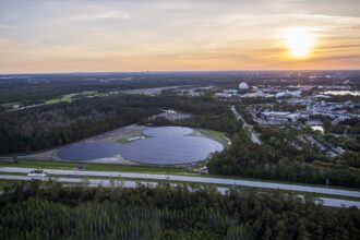 Aerial view of the Mickey-shaped solar farm near EPCOT at Walt Disney World