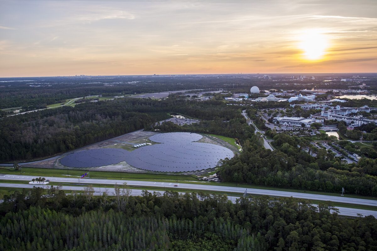 Aerial view of the Mickey-shaped solar farm near EPCOT at Walt Disney World