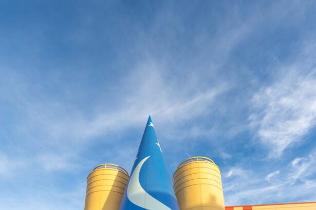 Mickey's Sorcerer Hat installed on The Magic of Disney Animation facade at Disney's Hollywood Studios