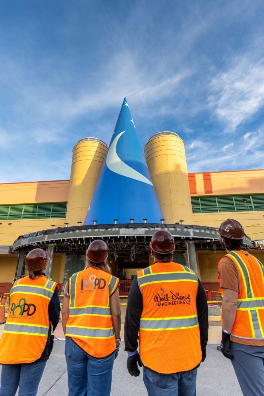Mickey's Sorcerer Hat installed on The Magic of Disney Animation facade at Disney's Hollywood Studios