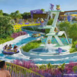 Concept art of Bello Bay Club showing a colorful Minions themed water play area with a winding water channel, round boats, bridges, fountains, and lush landscaping