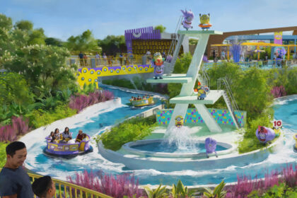Concept art of Bello Bay Club showing a colorful Minions themed water play area with a winding water channel, round boats, bridges, fountains, and lush landscaping