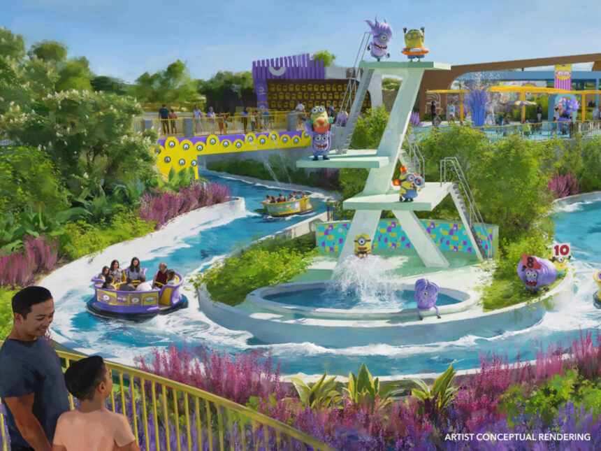 Concept art of Bello Bay Club showing a colorful Minions themed water play area with a winding water channel, round boats, bridges, fountains, and lush landscaping