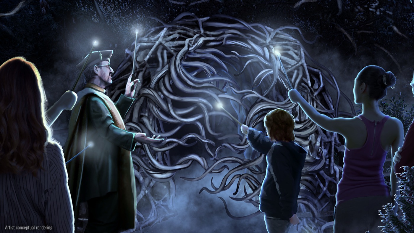 Guests exploring the moonlit Forbidden Forest at Universal Fan Fest Nights