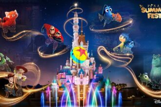 Pixar Summer Fest promotional art for Hong Kong Disneyland showing Pixar characters around the castle at night